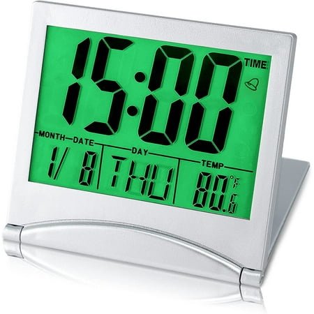 EIKODO-Small Digital Travel Alarm Clock Battery Operated, Portable LCD Large Display Alarm Clock with Backlight, Temperature Desk Clock -Silver(Green Light)