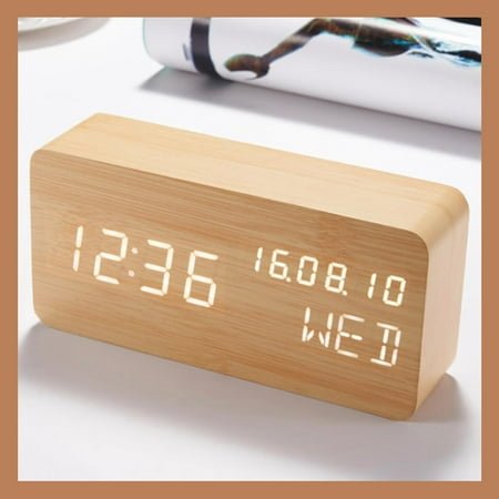 EIKODO-Wood Digital Alarm Clock Desk Time, Date(MM/DD/YY), Day of The Week, Temperature, Nightlight Large LED Display Portable Lamp Bedroom, Office, School, Home, Livingroom, Room (Bamboo)