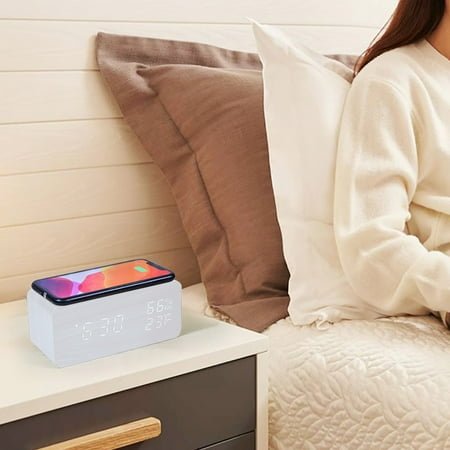 Electronic Clock,Digital Alarm Clock,Wireless Charger,Dual Temp Humidity Display,Modern Sleek Design for Home Office,Silent Alarms,Travel Ready,Led Backlit,Compact Size,|Pvc,White,NCHKUN