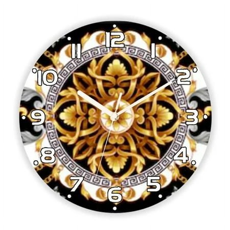 Elegant Black Golden Baroque Pattern Wall Clock for Living Room Vintage Greek Key Damask Border Ornatement Watch Home Decor