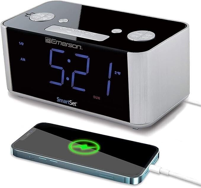 Emerson SmartSet Bluetooth Dual Alarm Clock Radio w/ 1.4” Orange LED USB Charger