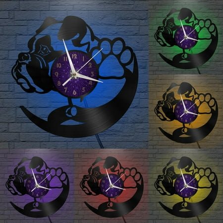 English bulldog dog Vinyl Record Wall Clock for Kitchen Wall Decor Wall Art Gift for Lover Gift Idea for a Best Friend(P,with LED)