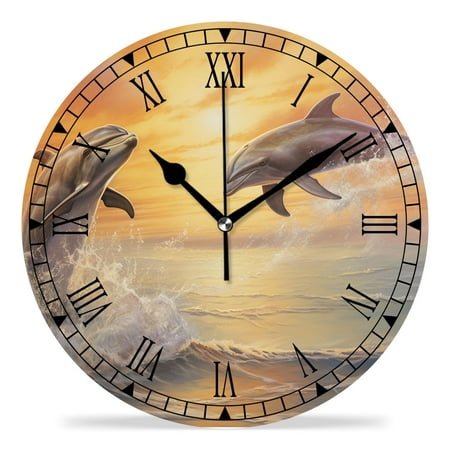 erolrail Rustic Wall Clock,Silent Non Ticking Wall Clocks for Living Room,Bedroom,Kitchen 12IN Dolphin Blue Ocean Picture