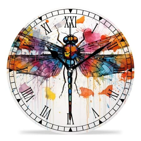 erolrail Rustic Wall Clock,Silent Non Ticking Wall Clocks for Living Room,Bedroom,Kitchen 12IN Watercolor Art Dragonfly Beautiful