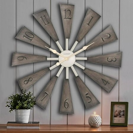 Farmhouse Windmill Decor 30 Inch Wall Clock,DIY Adjustable Size 24/26/28/30/32,Oversized Large Wall Clocks for Living Room Decor,Plastic,Grey Oak Finish