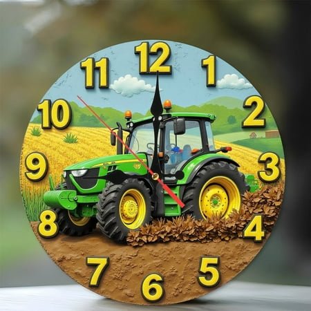 Farm Tractor Wall Clock， John Deere Style， Rural Scene， Farmhouse Decor 10-Inch Silent Wooden Wall Clock, Battery Operated (AA Batteries Not Included), Artistic Home Decor