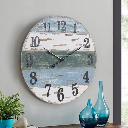 Flora Large Beach Coastal Nautical Wall Clock, 18 Inch Wooden Wall Clocks Battery Operated,Vintage Farmhouse Decorative for Living Room, Kitchen, Home, Bedroom, Laundry Room, Blue