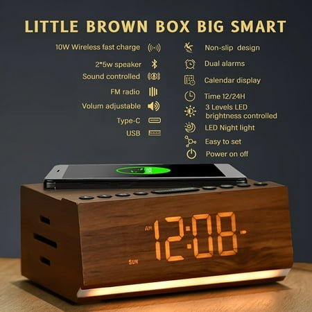 FM Radio Clock, Bluetooth Speaker, Wireless Fast Charging,Dual Alarm,Sound Controlled Smart LED Dimmer Night Light,Time 12/24 , Calender Display.