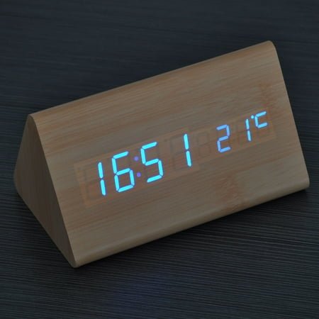 FOLOYORI 1Pcs LED Wooden Clock with Alarm Function and Blue LED Digits for Office Burlywood 11.8*3.5*3.1in