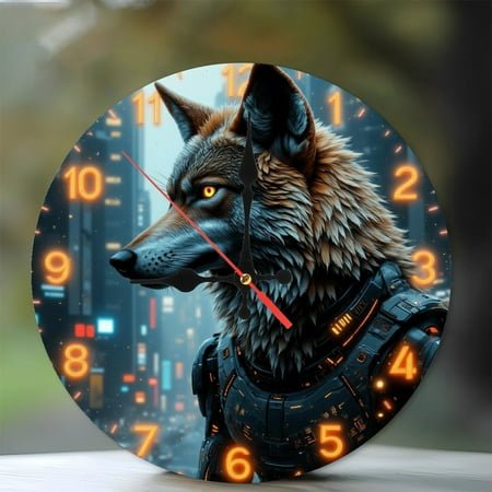 Futuristic Wolf Art 10-Inch Silent Wooden Wall Clock, Battery Operated (AA Batteries Not Included), Artistic Home Decor