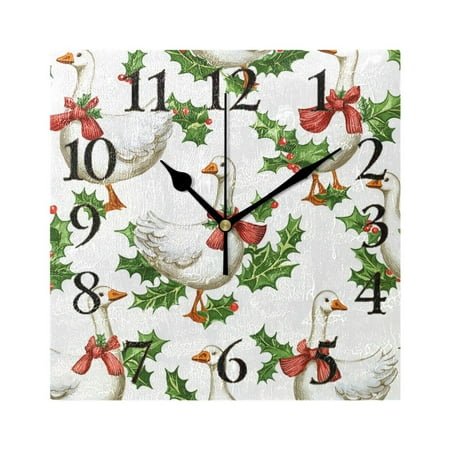 Geese in Christmas Leaves Square Wall Clock Battery Operated Easily Read Black Pointer Home Decor for Living Room Bedroom 7.78 x 7.78