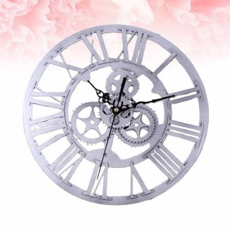 GOOHOCHY Wooden Creative Wall Clock Retro Silver Gear Design for Bedroom Kitchen Living Room 10.6 Inches