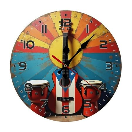 Guitar Tambourine Sunburst Wall Clock 10 Inch Silent Non Ticking Round Wooden Clock Decoration for Living Room Kitchen Bedroom Bathroom Office Classroom