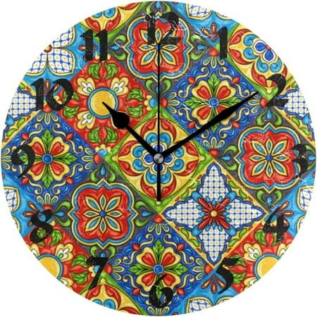 GZHJMY Mexican Ceramic Tile Pattern Round Wall Clock,Silent Non Ticking Battery Operated Accurate Home Clock,Vintage Farmhouse Wall Decor for Living Room Bedroom Office Holiday Gifts,10