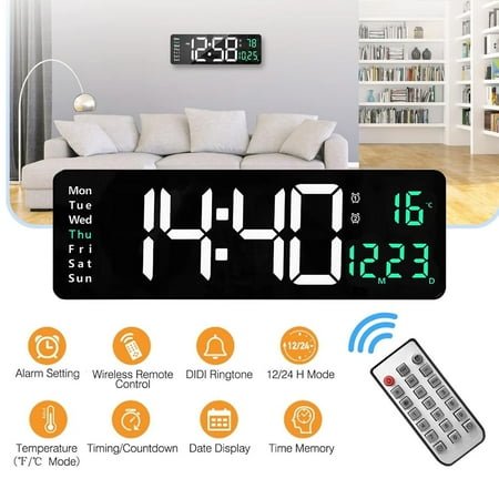 Haokaini 16 Digital Wall Clock, Large Display LED Digital Clock with Remote Control, Power Off Memory, Temp Date Week Temperature Alarm clock Timer for Living Room Office Decor