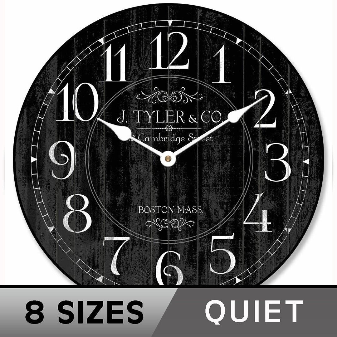 Harbor Black Wall Clock, large wall clock, 8 sizes, extra QUIET, Life warranty