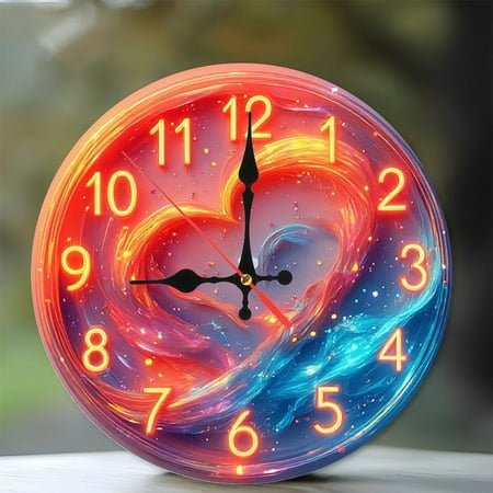 Heart Shape Fluid Neon Clock Wall Decor 10-Inch Silent Wooden Wall Clock, Battery Operated (AA Batteries Not Included), Artistic Home Decor