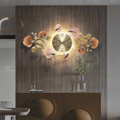 HEBOIX Silent Wall Clock with 3D Metal Ginkgo Leaf Design, 14 * 31inch Large Clock Suitable for Living Room, Bedroom, Dining Room, or Office.​