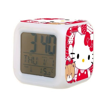 Hello Kitty Digital Alarm Thermometer Night Glow Cube 7 Color Clock LED Changing LCD Display Suitable for Bedroom Children