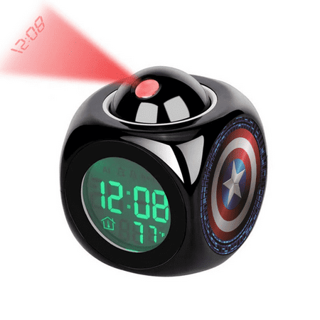 HEXNNHA Digital Alarm Clock, Cartoon Captain_America Pattern Rotatable Projection Clock With Voice Talking LED 12/24 HDigital Time Temperature, Small Desk Clock for Office Bedside, Creativity Gift