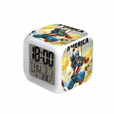 HEXNNHA LED Alarm Clock Captain America SuperHero Pattern Creative Desk Table Clock Glowing Electronic Colorful Digital Clock for Unisex Adults Girl Boy Kids Children Toy Birthday Present Gift