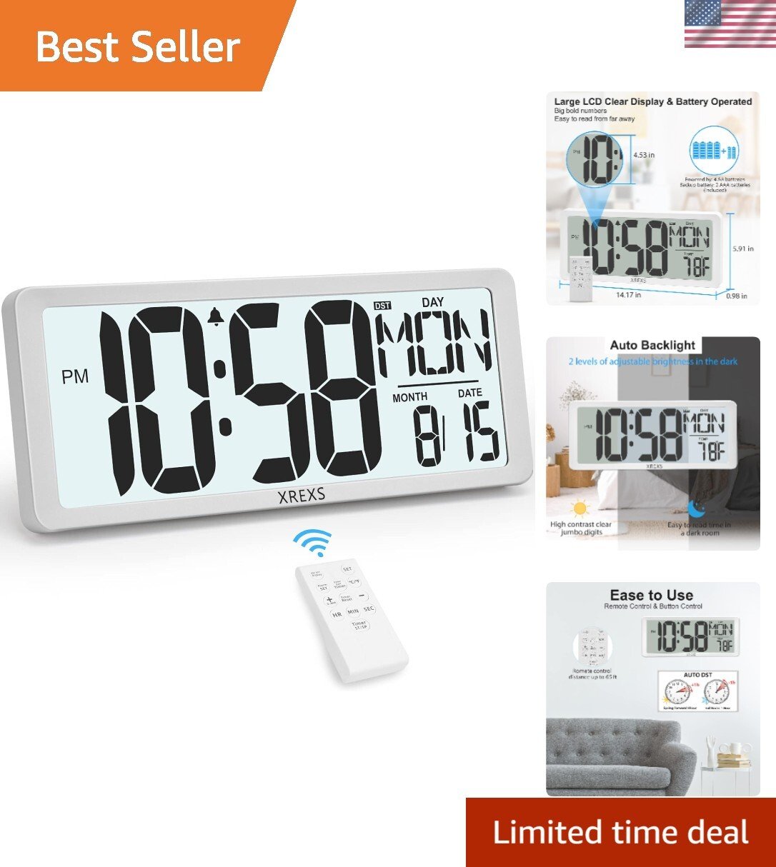 High-Definition 14.17'' Wall Clock with Snooze and Adjustable Brightness