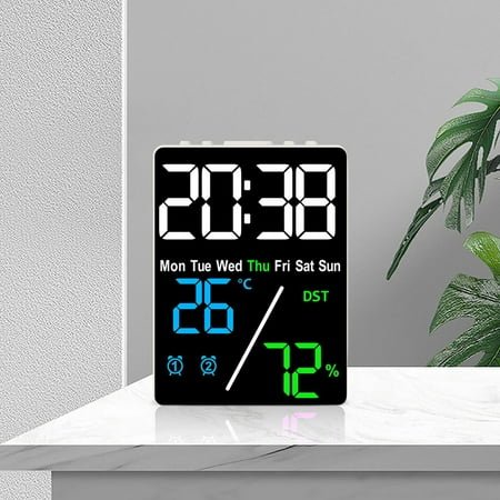HOARBOEG Multicolor LED Digital Alarm Clock with Date, Week, Temperature Humidity Display Adjustable Brightness Dual Alarms Daylight Saving Time Portable Plastic Analog Alarm Clock for Home Office