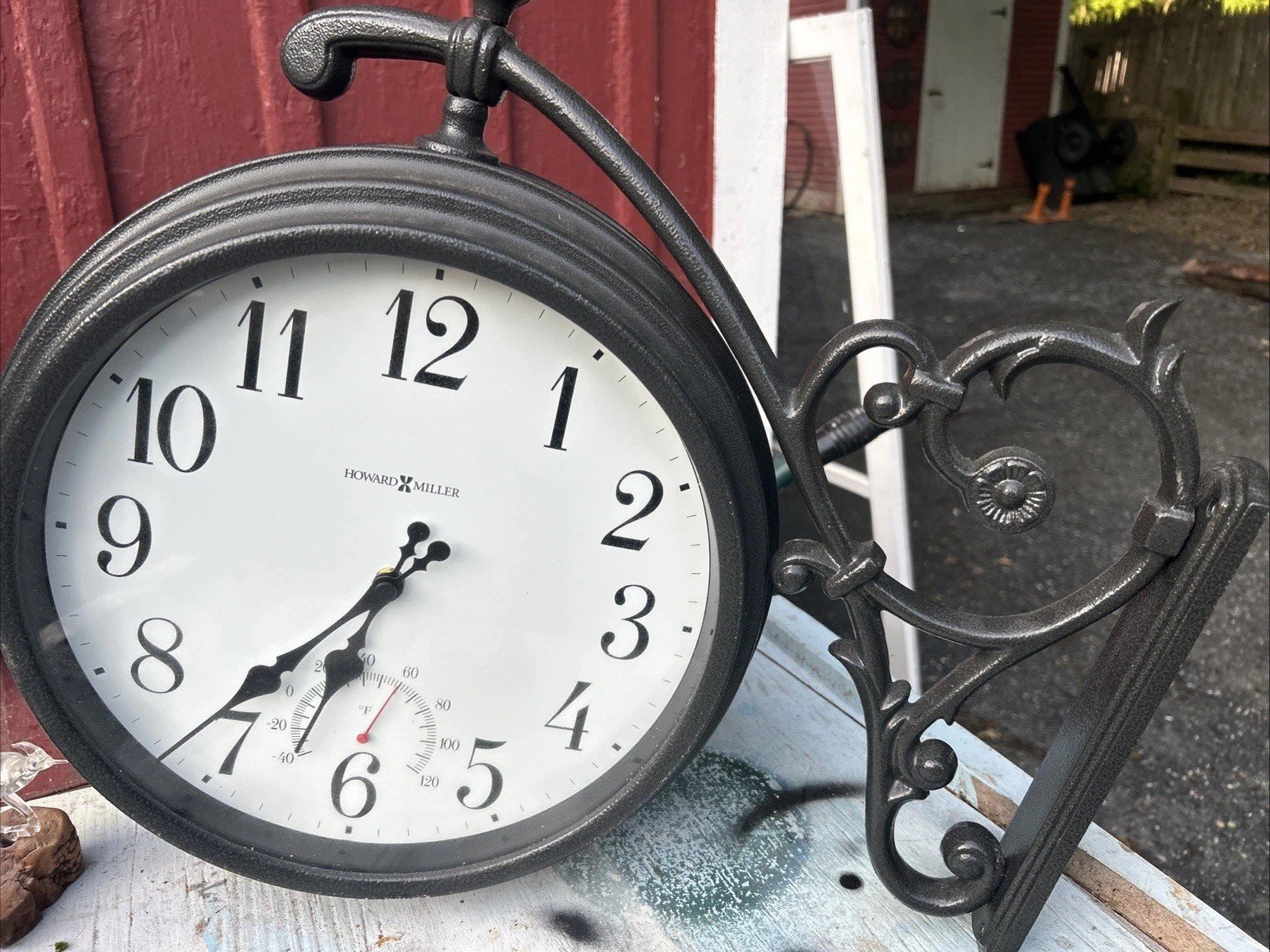 HOWARD MILLER DOUBLE-SIDED WALL CLOCK & Temp W Ornate Hanging Arm IN/OUT Tavern