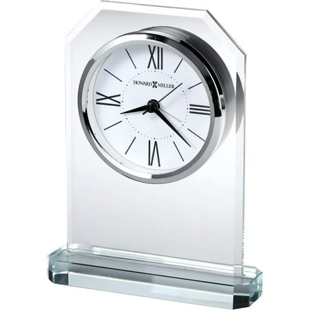 Howard Miller Quincy Table Clock 645-823 – Crisp Starphire Glass, Crystal Base, White Dial, Black Roman Numerals, Modern Home Décor, Quartz Alarm Movement