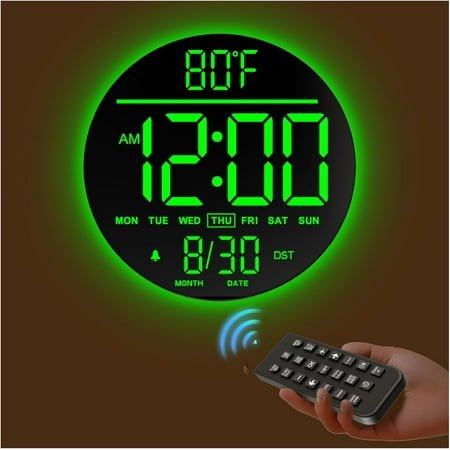 HYKE 10 Large Digital Wall Clock, with Remote Control, Timmer, Dimmer, LED Display, 8 RGB Color, Auto DST, Temperature, Deco for Bedroom, Living Room, Ofce, Classroom, Ideal Gift for Senior,