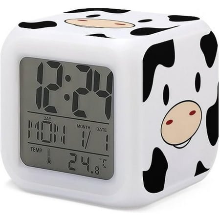 HYKE Cow Print Alarm Clock for Kids 7 LED Color Changing Wake Up Clock Home Decor Alarm Clock for Boy Girl Bedroom Digital Alarm Clock with Temperature Display