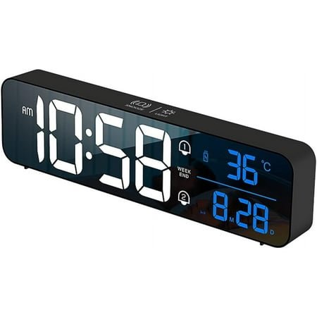 HYKE Digital r LED Alarm Clock for Bedrooms, Rechargeable Calendar Alarm Clock, Battery Powered Smart Wall Desktop Clocks with Adjustable 40 Tune Music Temperature e, Black