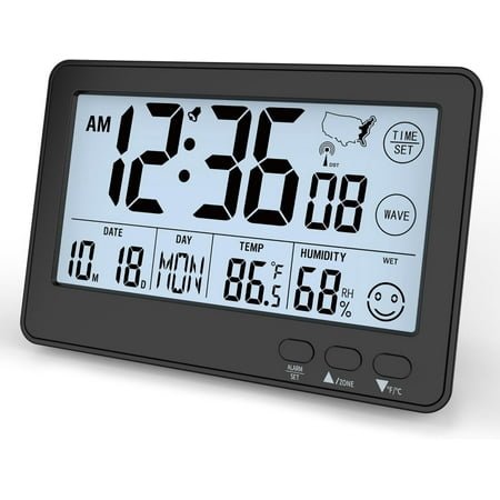 HYKE Small Desk Atomic Clock, Auto Set Digital Desk Clocks with Temperature, Humidity and Date, Alarm Clock for Bedroom, Ofce, 4 Time Zone, (Black)