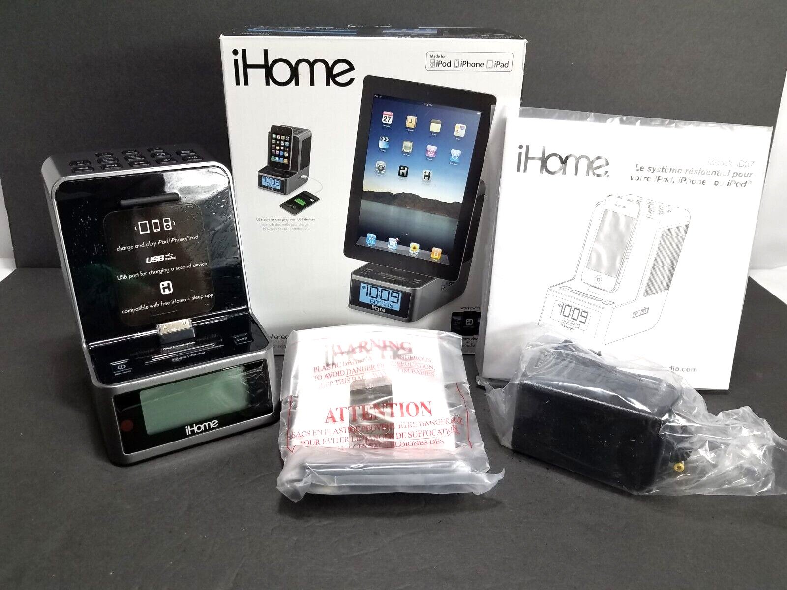 IHOME Alarm Clock/Docking Station for iphones/ipads/etc.=#iD37=NEW in open box