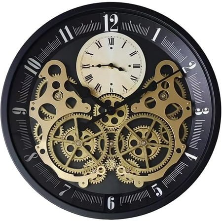 Industrial Wall Clock, Non-Ticking Vintage Real Moving Gear Battery Operated Original Antique Steampunk Decor Metal Clock for Living Room, Farmhouse, Home Kitchen (Gold-Black, 18 Inch)