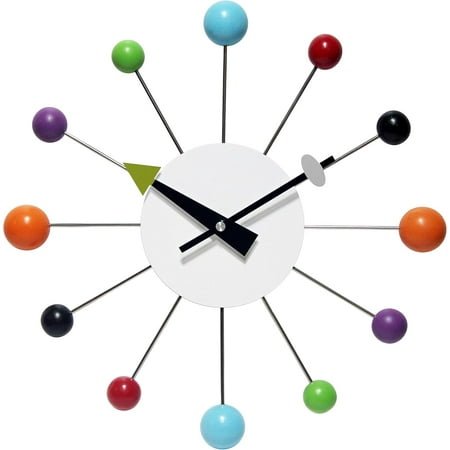 Instruments Orb Spoke Midcentury Modern 15 inch Retro Starburst Ball Wall Clock Quiet Quartz Movement Mid Century Decorative, Multi, Multicolor