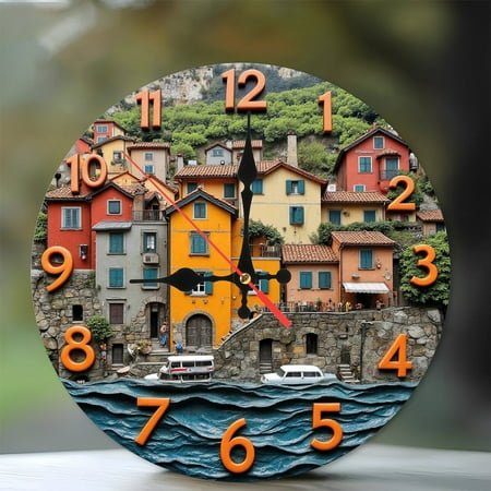 Italian Village Clock Wall Clock Home Decor 10-Inch Silent Wooden Wall Clock, Battery Operated (AA Batteries Not Included), Artistic Home Decor