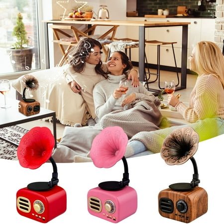 Jacenvly 2024 New Alarm Clock Radio Retro Bluetooth Gramophone Speaker Portable Mini Retro Wireless Speaker-Sound Pink