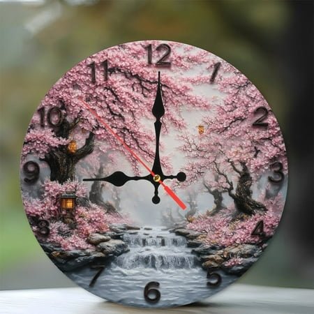 Japanese Cherry Blossom Waterfall Wall Clock Home Decor Art 10-Inch Silent Wooden Wall Clock, Battery Operated (AA Batteries Not Included), Artistic Home Decor