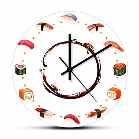 Japanese Cuisine Sushi Types Decorative Wall Clock For Kitchen Dinning Room Japan Resturant Nigiri Sashimi Food Art Quartz Clock（10 Inch）