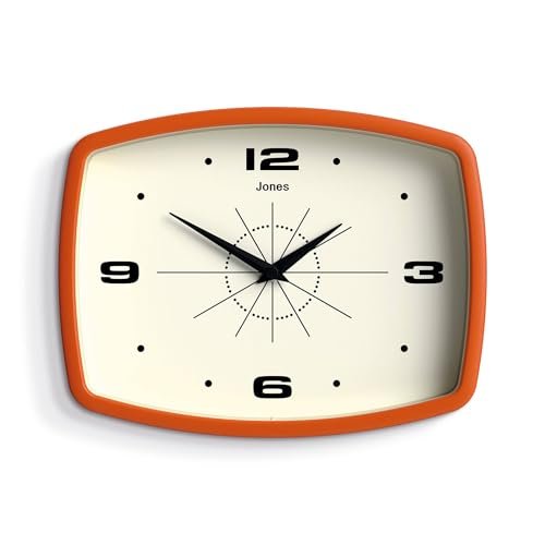 JONES CLOCKS® Movie Wall Clock | Retro Rectangular Clock | 10 inch | Orange | Cool Designer Look for Kitchen, Living Room or Office