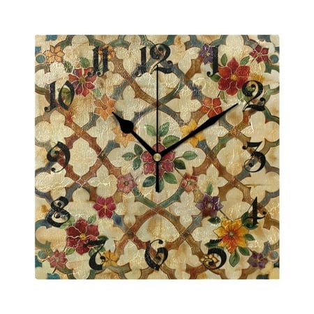 joogoo Moroccan Trellis Flowers Wall Clock Square Silent Non-Ticking Battery Operated 7.78