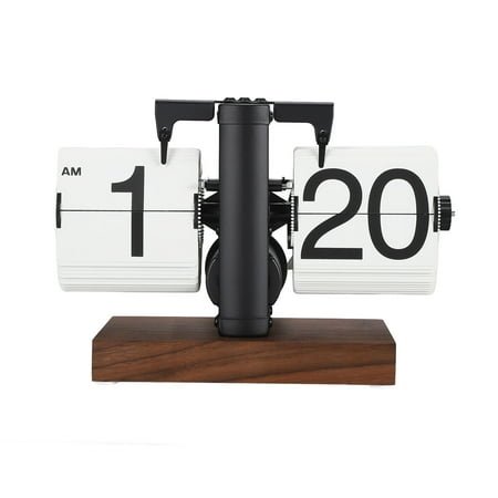 Kilisky Digital Flip Clock 12h Single Sided Large Numbers Automatic Retro Mechanical Flip Clock Wood Base for Living Room Black Frame White Page