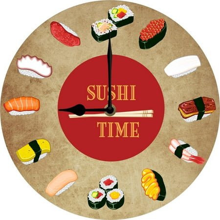 Kitchen Wall Clock Sushi Time Minimalist Kitchen Decorative Japanese Food Wall Art Non Ticking Clock Watch for Sushiya Restaurant 10 Inch Silent Wall Clock Non Ticking Battery Operated