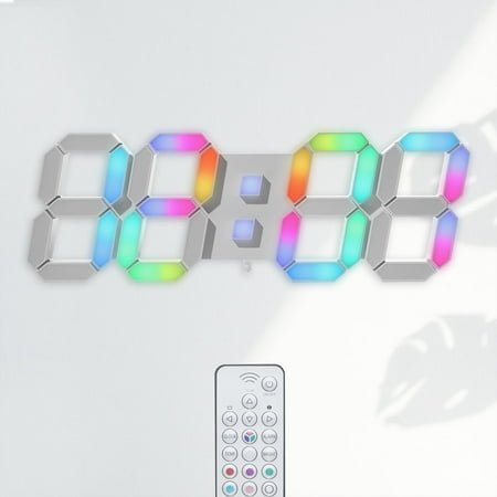KOSUMOSU LED Wall Clock 15 RGB Digital LED Clock for Living Room Decor, Large Display Gaming Room Clocks, Dimming/12/24 Hr Time/Date/Temp/Remote (White Clock with Neon Light) C80