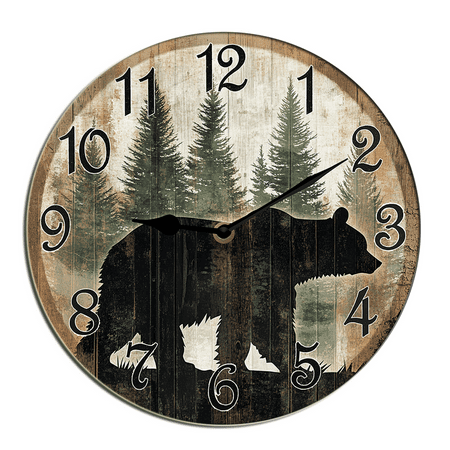 Kurmntregon Cabin Bear Wall Clock Black Bear Forest Wildlife Mountain Lodge Non Ticking Silent Kitchen Clock Battery Operated Clocks For Living Room Bedroom Living Room Decor Round 10