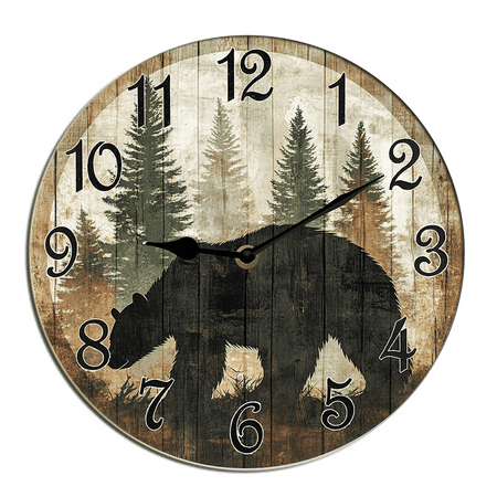 Kurmntregon Cabin Bear Wall Clock Black Bear Forest Wildlife Mountain Lodge Wooden Accurate Decorative Clocks, Silent Non Ticking For Bathroom Bedroom/Living Room/Kitchen Round 10