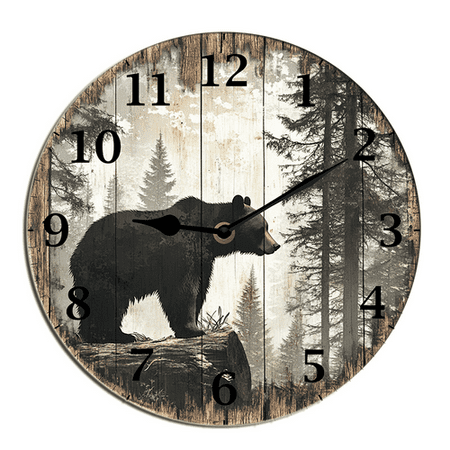 Kurmntregon Cabin Bear Wall Clock Forest Wildlife Mountain Lodge Non Ticking Silent Kitchen Clock Battery Operated Clocks For Living Room Bedroom Living Room Decor Round 10