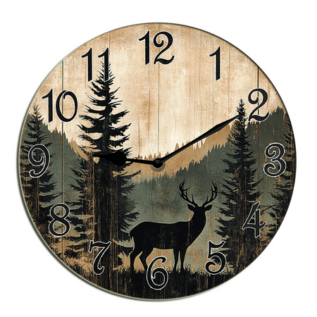 Kurmntregon Cabin Deer Wall Clock Deer Elk Forest Wildlife Mountain Lodge Silent Non Ticking Wooden Clocks Decorative Battery Operated For Bedroom Kitchen Living Room Bathroom Round 10