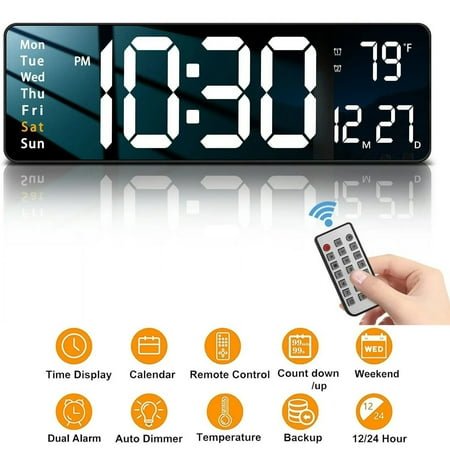 Large Electronic Digital Wall Clock Remote Control Temp Date Week Display Power Off Memory Table Clock